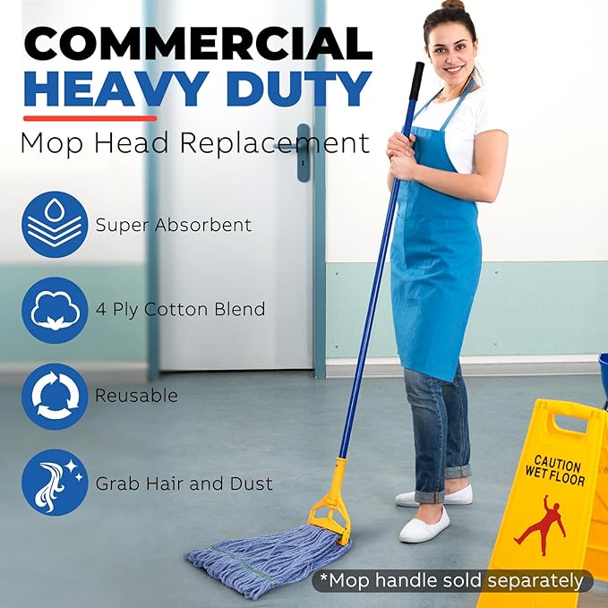 Onesimus 24 oz Mop Head Replacement, Industrial Mops for Floor Cleaning Heavy Duty 4-Ply Cotton Blend Looped End Wet Mop Refills 1.25 in Universal Headband, X-Large Blue, Case Pack 12 Pcs
