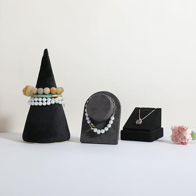 GemeShou Velvet bracelet display stand for selling, black jewelry bangle holder with golden base, felt bracelet storage organizer for nightstand home decor【Bracelet holder-black】