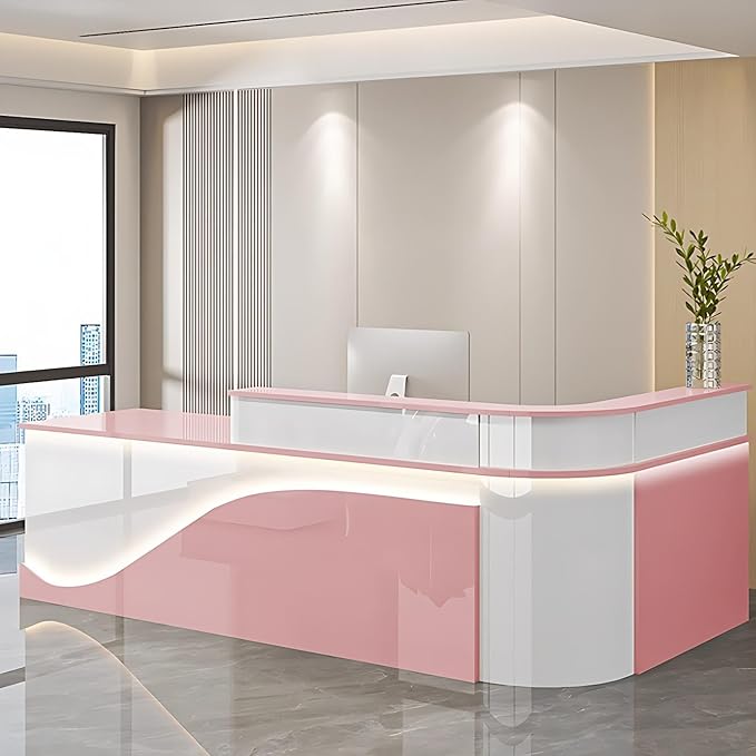 Modern Reception Desk – Front Desk, Reception Counter for Office, Checkout Counter, LED Lighting, Storage, Soft Close Drawers, Custom Logo, Fully Assembled (S,84IN)