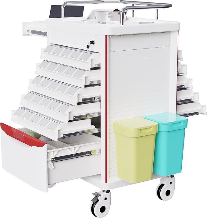 Medication Bins Cart with 200 Bins, 10 Drawers - Dual-Sided Open, 50 Medicine Boxes, Hidden Sub Workbench, Silent Casters, Container, 2 Trash Bin-Medical Crash Cart for Clinic, Hospital and Lab