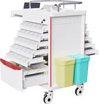 Medication Bins Cart with 200 Bins, 10 Drawers - Dual-Sided Open, 50 Medicine Boxes, Hidden Sub Workbench, Silent Casters, Container, 2 Trash Bin-Medical Crash Cart for Clinic, Hospital and Lab