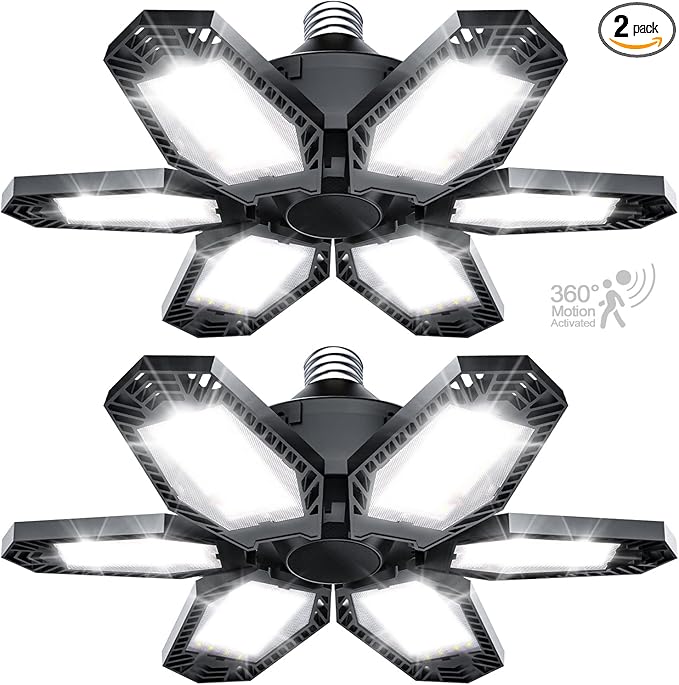 TANBABY 2 Pack Motion Sensor Garage Light, Total 30000LM Deformable Garage Lighting, 150W LED Ceiling with Motion, Ultra Bright Motion Activated LED Shop Light for Attic, Basement