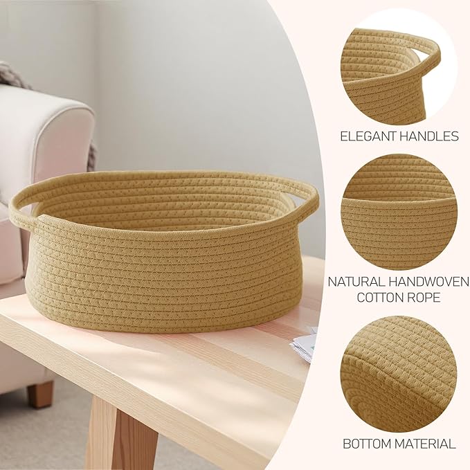 Woven Basket,Small Rope Storage Bin with Handles & Ribbon Bag, Organizer for Shelves Closets,Gift Basket Empty for Birthday,Books,Dog Toys, Jute/3 Pack
