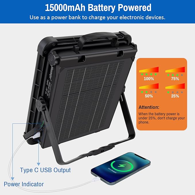 Masmejor 160W 15000mAh Rechargeable Work Light - 540 LEDs Solar Light, Stepless Dimming, USB-C Charging, IPX4 Waterproof Floodlight for Job Site, Emergency, Power Outage, Camping & Ca Repair