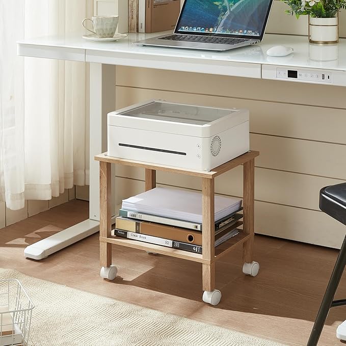 2 Tier Printer Stand with Storage,Under Desk Shelf Printer Table,Small Printer Stand with Wheels,Rolling Printer Cart for Office