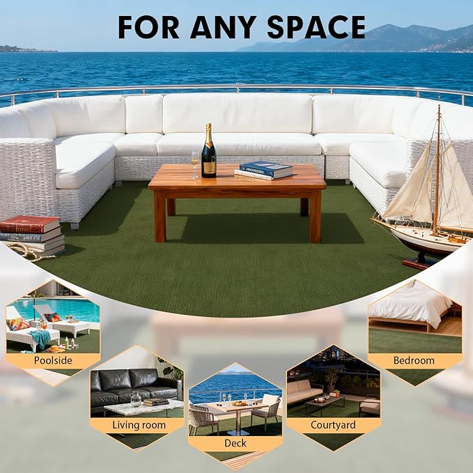 Marine Carpet,5 FT x 20 FT Olive Green Indoor Outdoor Carpet 0.2" Thick with Water-Proof TPE Backing, Non-Slide for Home, Patio, Porch, Deck
