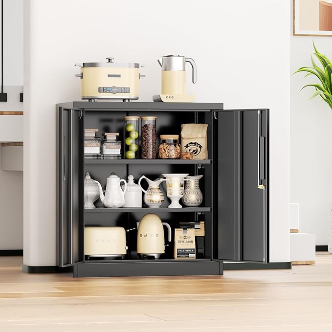 INTERGREAT Metal Garage Storage Cabinet, 36" Lockable Storage Cabinet with 2 Doors and 2 Adjustable Shelves, Steel Black File Cabinet Great for Home Office, Garage, Warehouse, Study Room