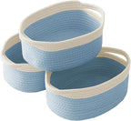 Woven Basket,Small Rope Storage Bin with Handles & Ribbon Bag, Organizer for Shelves Closets,Gift Basket Empty for Birthday,Books,Dog Toys, White&Blue/3 Pack
