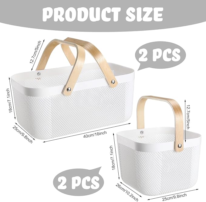 Sadnyy 4 Pcs Plastic Mesh Garden Harvest Basket Storage Basket with Wooden Handle Multi Functional Mesh Bin for Kitchen Cabinet Picnic Fruit Vegetable Gathering Organizer(Large, Small,White)