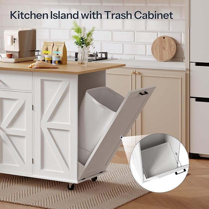 HOOBRO Kitchen Island with Power Outlet & Drop Leaf, Rolling Kitchen Island with Trash Can Storage, Island Table with Storage Cabinet, Towel Rack, for Dining Room, White and Natural WN50UZD01