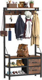 Lulive Hall Tree, 31.5” Entryway Bench with Coat Rack freestanding, 5 in 1 Intelligent Design Shoe Bench and Wall Rack 17 Hooks and Drawers (Rustic Brown)