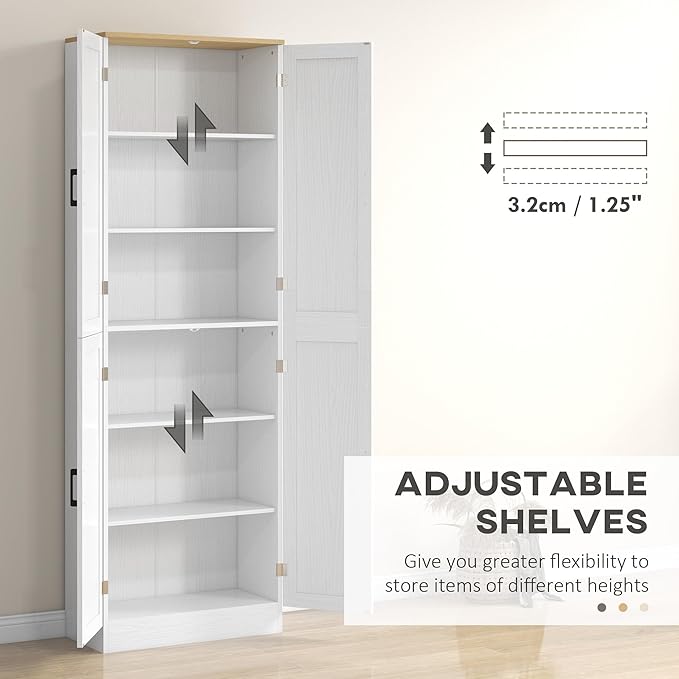 HOMCOM 67" Freestanding Kitchen Pantry, 4-Door Storage Cabinet Organizer with Adjustable Shelves, Kitchen Cabinet with Doors and Shelves, Distressed White