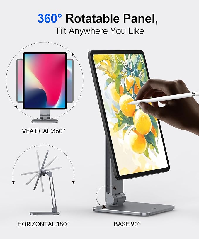 Magnetic iPad Stand with Wireless Charging, 35W Contact Fast Charger, Suction Cup Base, 360° Rotating Panel & Foldable, Compatible with iPad Pro11 M5 & M4 ONLY, Work & Study Desk - Gray