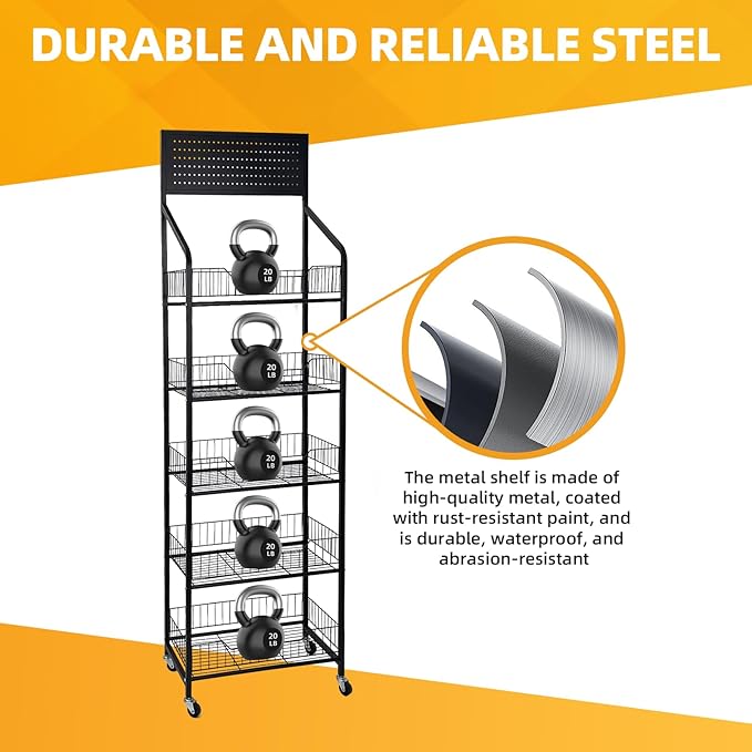 5 Tier Snack Rack Display Stand - Retail Display Shelves with Top Pegboard, 15 Hooks, Bakery Display Rack on Wheels for Easy Mobility and Organization (5 Tier - Black)