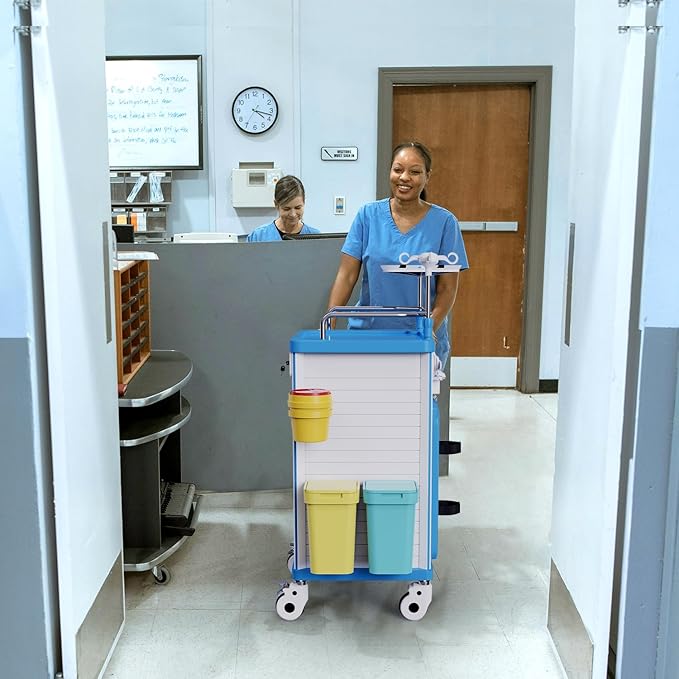 Medical Rolling Crash Cart with Wheels-CPR Board, IV Pole, O2 Holder, Trash Bin, Silent Casters,Drawers with Dividers, Emergency Cart for Clinic, Hospital, Nursing Center