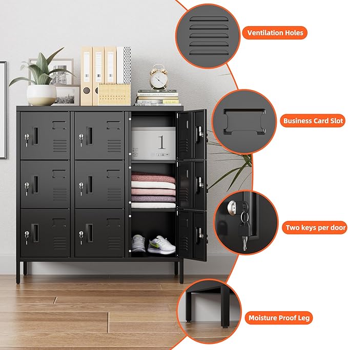Aobabo 9 Doors Metal Storage Locker for Employees, Steel Storage Locker with Lock and Card Slot, for Home, Office, School, Gym, Require Assembly, Black