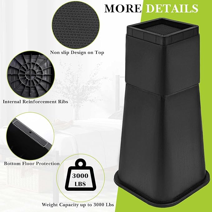 4 Pack Bed Risers 12 inch Heavy Duty, Adjustable Furniture Risers Lift Height 12",8" or 4" for Table Desk Couch Sofa Cabinet Bed Frame Dorm, Square Stackable Table Leg Risers, Black