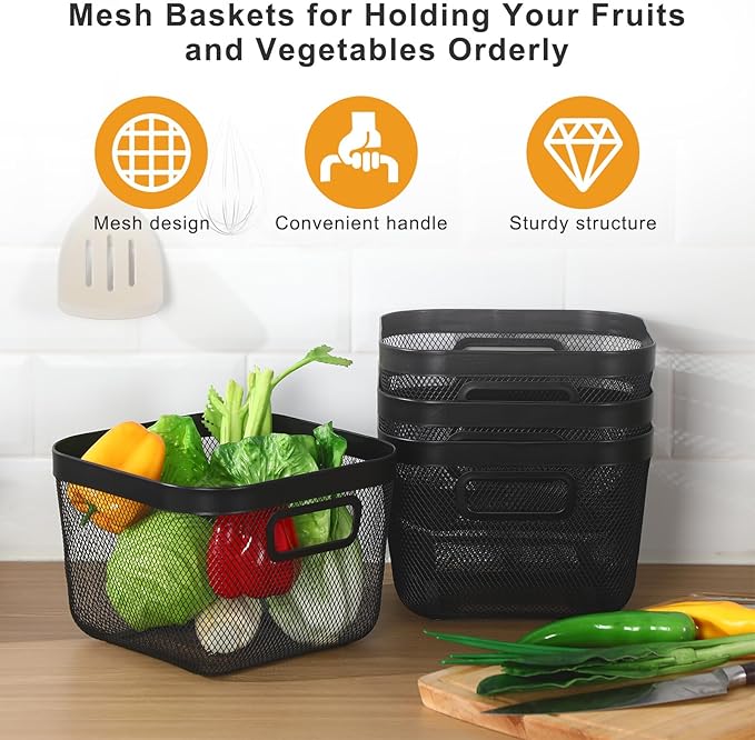 6 Pack Metal Mesh Basket with Hollow Handles Black Wire Storage Bin for Organizing Stackable Metal Fine Mesh Basket for Pantry Bathroom Kitchen Cabinets Shelves
