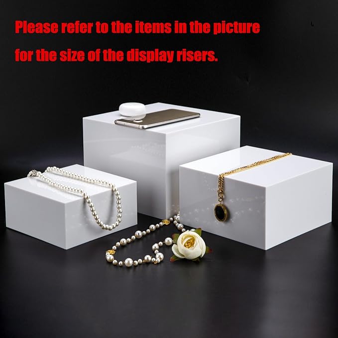 Clisela 3pcs Acrylic Cube Display Stands Box Risers with Hollow Bottoms, Food Risers for Buffet Table, Decorative Display Stand Shelf for Dessert Collectibles Jewelry Figures Show - White 6" 7" 8"