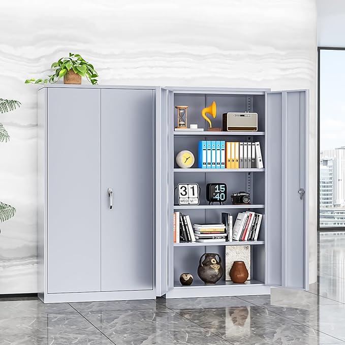 INTERGREAT Metal Garage Storage Cabinet with Lock, 72" Storage Cabinet with Locking Doors and 4 Adjustable Shelves, Lockable Steel Tool Cabinet for Home Office, School, Cement Grey