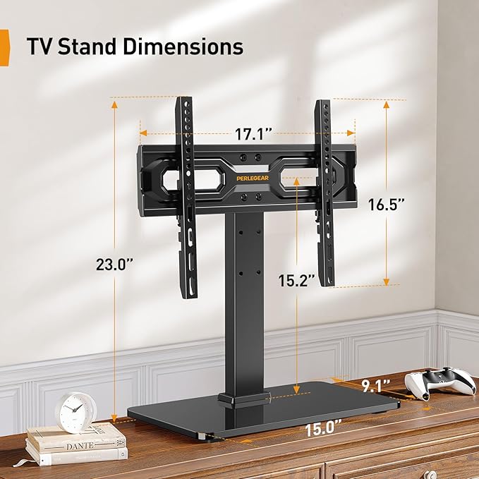 Perlegear Tabletop TV Stand, Universal TV Stand for 23–60 Inch LCD/LED/OLED TVs, Height-Adjustable TV Mount Stand with Tempered Glass Base & Cable Management, VESA 400x400mm, PGTVS02 ﻿
