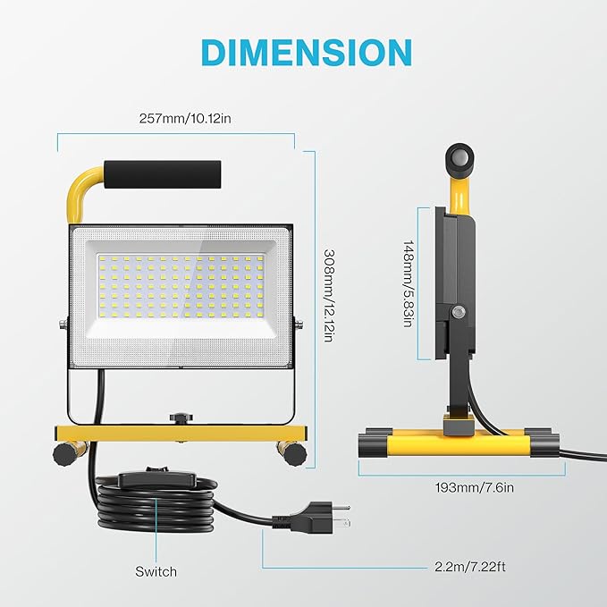 Olafus 60W LED Work Lights, 8400LM Portable Flood Light with Plug, 5000K Daylight, IP65 Waterproof Adjustable Job Site Lighting for Construction Site, Garage, Workshop, Jetty