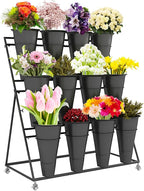 Flower Display Stand, 3 Layers Heavy Duty Moving Plant Cart Shelf With Wheels and Bucket, Wrought Iron Florist Shelf, for Patio Garden,Florist,Outdoor Flower Pop-Up Events (Black Shelf - Black Bucket)