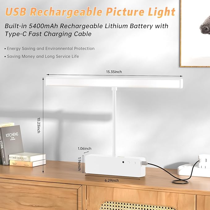 Lightbiz Picture Light, 15.35inch 5400mAh Rechargeable Picture Lights for Wall Battery Operated Wall Lights with Remote, 3 Colors Paintings Light Dimmable Art Light for Artwork, Gallery (White)