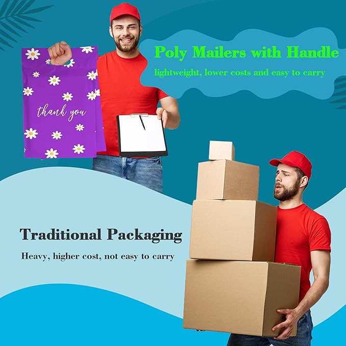 JinRuiKJ Poly Mailers with Handle 10x13 Inch 25 Pcs, Easy to Carry Packaging Bags for Small Business, Thank You Shipping Bags with Self Adhesive Strip, Tearproof and Waterproof - Purple Chrysanthemum