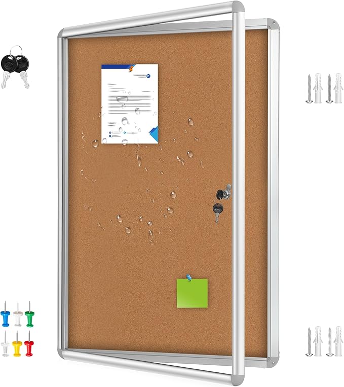 36"x24" Enclosed Cork Bulletin Board with Locking Door, Tamper-Proof Dispaly Case, Aluminium Frame, Outdoor Bulletin Board Weatherproof, Lockable Cork noticeboard for School,Office,etc