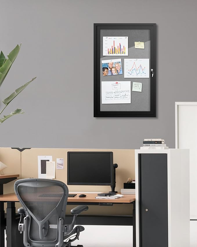 Mifuro 36"x24" Enclosed Bulletin Board, Outdoor Lockable Weather-Resistant Aluminum Cork Noticeboard for School & Office, Black Frame w/Grey Flet