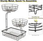 3 Tier Countertop Fruit Vegetable Basket Bowl Storage, Solid Metal Kitchen Counter Organizer for Storing Fruits, Veggies, Bread, Snacks (Black)