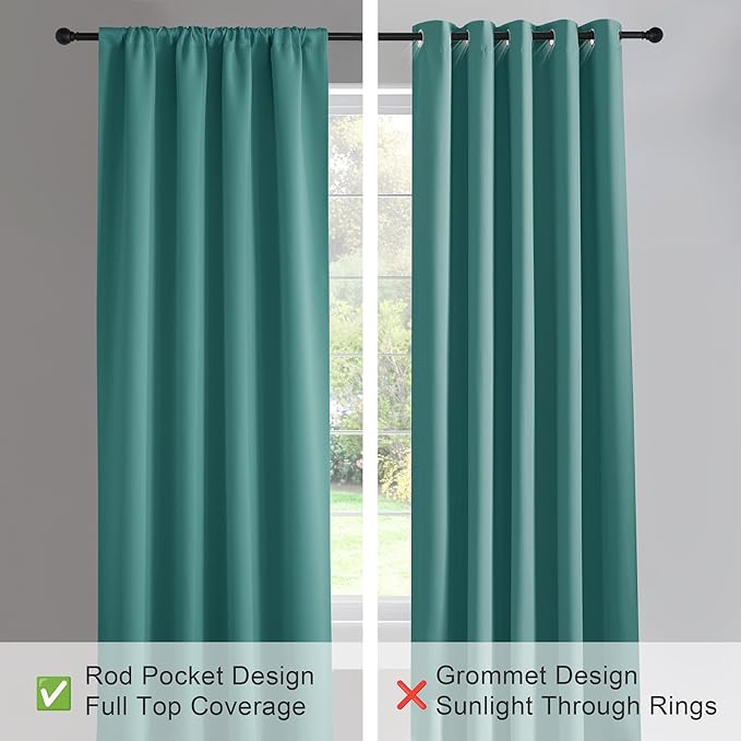 PONY DANCE Blackout Curtain Panels - 42 x 72 inches Long Sea Teal Window Drapes Light Block Room Darkening Draperies Thermal Insulated Energy Saving for Home Modern Style, 2 PCs