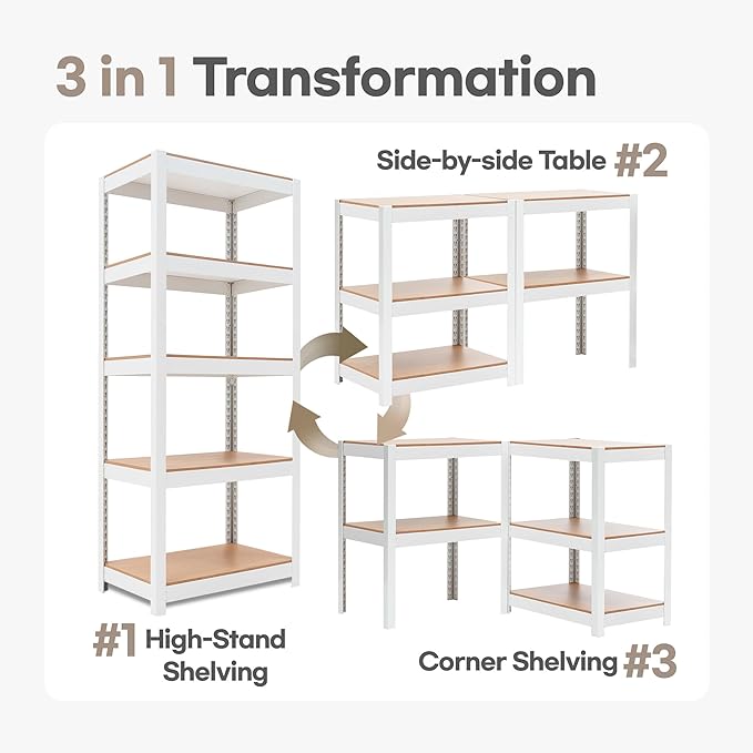 HOMEDANT House 5 Tier Laminated Metal Shelving Unit Adjustable Storage Utility Rack Heavy Duty Shelves Organization Multipurpose Shelf Kitchen Garage Pantry Closet (2, (S) 24.4" W, White)