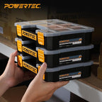 POWERTEC Small Parts Organizer & Tool Box – 10 Compartments, Stackable Storage with Removable Dividers, Clear Lid, Portable Design (72117)