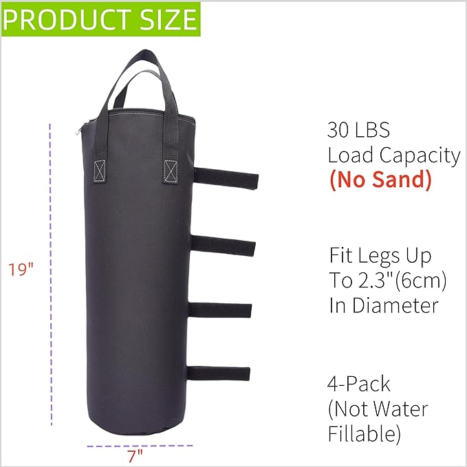 Zipper Top Sand Bags for Canopy Legs (120LBS Load Capacity, Without Sand) Sand Bags for Weight - Sandbags for Gazebo Legs, Pop Up Canopy Tent Weights - Canopy Weight Bags, Set of 4