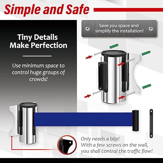 DuraSteel Wall Mount Crowd Control Retractable Belt Barrier- 9.2 Ft Blue Retractables Barrier Belt w/Stainless Steel Casing - Do Not Enter Crowd Control Barriers NOT Stanchions with Retractable Belts