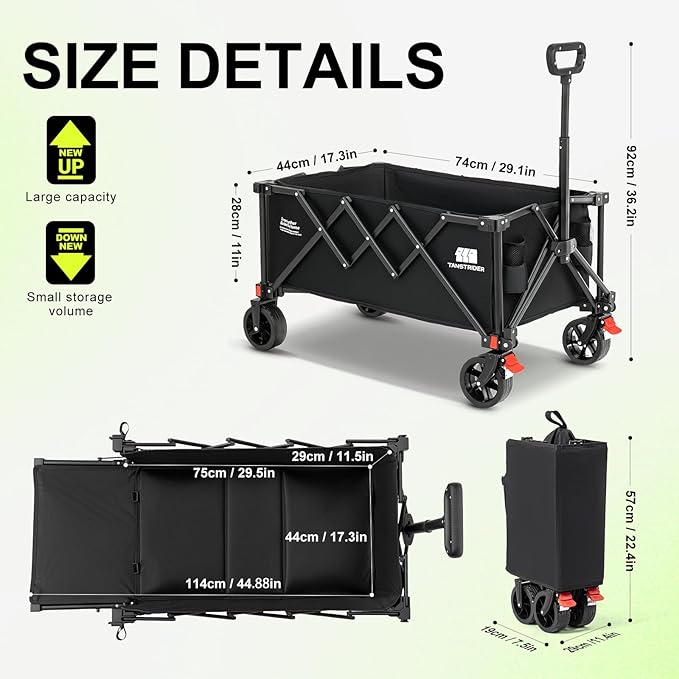 Collapsible Wagon Cart with Extended Tailgate,Heavy Duty Folding Cart, 155L Foldable Utility Wagons for Beach, Picnic, Grocery, Outdoor Camping(Black)