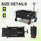 Collapsible Wagon Cart with Extended Tailgate,Heavy Duty Folding Cart, 155L Foldable Utility Wagons for Beach, Picnic, Grocery, Outdoor Camping(Black)