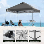 CROWN SHADES Adjustable Height on The Fly, 10x10 Pop Up Canopy - Beach Tent with One Push Setup - Easy Outdoor Sun Shade for Events, Parties, Camping - Outside Shade with STO-N-Go Bag, Grey