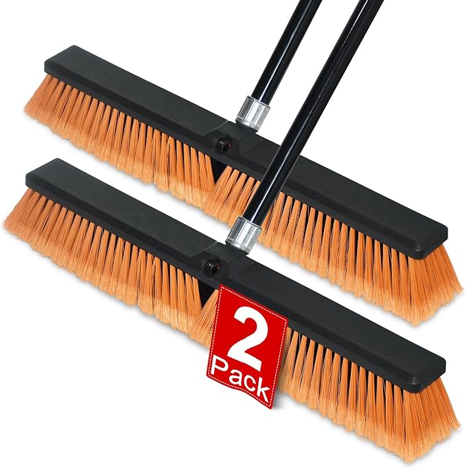 PBHEPJ 24 Inchs Push Broom Outdoor Heavy Duty, Shop Broom with 60" Long Bandle for Cleaning Outdoor or Indoor Tile, Garage, Shop, Deck, Concrete, Wood, Stone, Patio Floor, 2 Pack