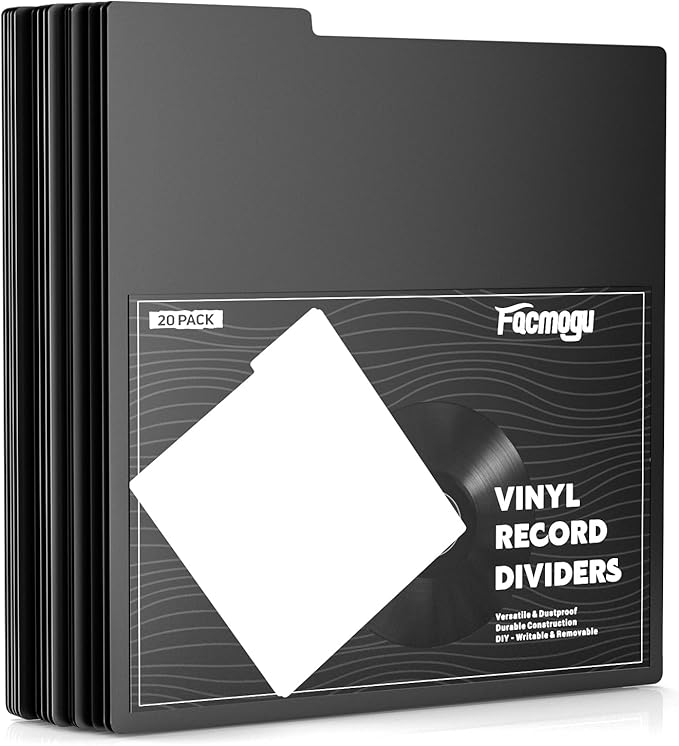 Facmogu 20PCS Vinyl Record Dividers, Upgrade Thicker 33 RPM Plastic Vinyl Record Separators, 12in Blank Writable DIY Record Dividers, Reusable LP Dividers for Vinyl DVD Record Albums Storage - Black