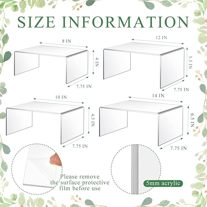 4 Pcs 14, 12, 10, 8 Inch Extra Large Acrylic Display Risers Clear Acrylic Shelf Riser Display Stands 5 mm Thick Rectangular for Collectibles Figures