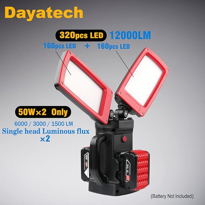 12000LM 85W Cordless LED Work Light, Dual-Head with Tripod, Compatible with Dewalt, Milwaukee, Makita 18–21V Battery, Flicker-Free, Glare-Free, Brightness Adjustable for Jobsite and Garage