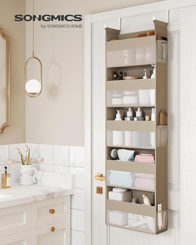 SONGMICS Over The Door Organizer, Hanging Door Organizer with 5 Large Pockets, 5-Tier Fabric Storage, Transparent Nylon Mesh, Foldable, Metal Hooks, with Side Pouches, Summer Sand URDH007Y01