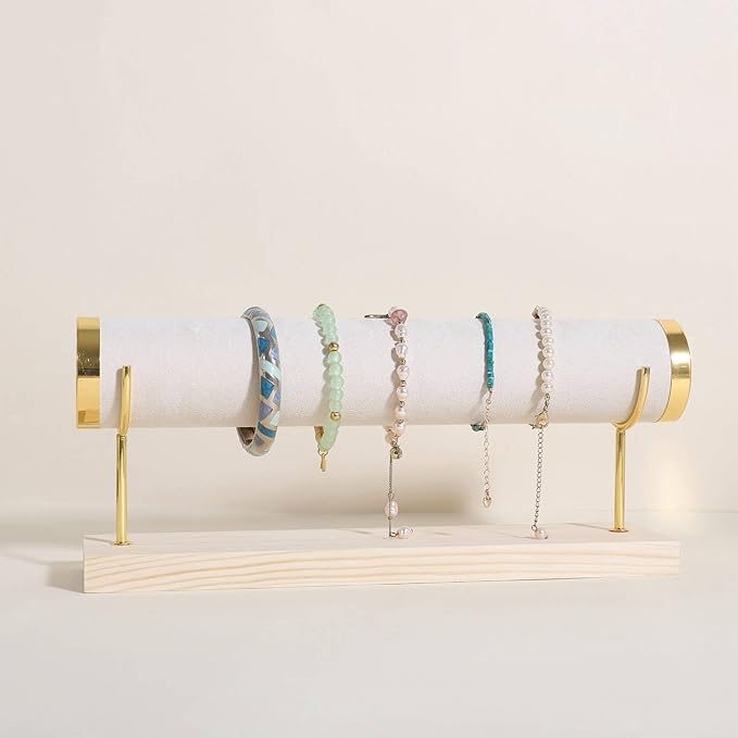 GemeShou Velvet Bangle storage oragenizer for selling,Beige bracelet storage rack for boutique store, Velvet wrap watch holder with wooden base for women girls【Bracelet holder-one tier】