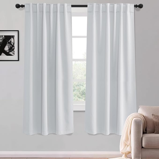 KGORGE 63 inch Curtains 2 Panel Set, Privacy Solid Thermal Insulation Noise Reducing Light Filtering Drapes for Kids Room Living Room, Back Tab Rod Pocket, W52 x L63 inches, Greyish White, 2 Panels
