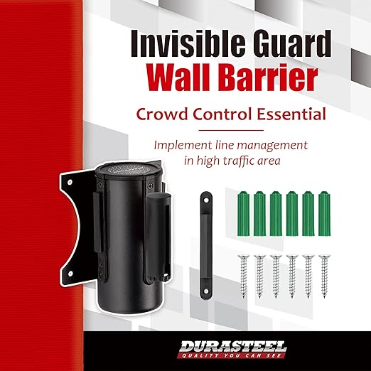 DuraSteel Wall Mount Retractable Belt Barrier - 9.2 Ft Red Safety Belt in Sturdy Black Casing - Guardian 1.0 Indoor & Outdoor Do Not Enter Caution Tape for Effective Wall Control Ropes, Line Dividers