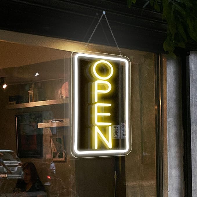 Open Signs for Business,Neon Open Sign Led,16.5"x 9",with Open/Closed Bussiness Hour Sign Set,Light for Bar Coffee Salon Store Window,12V/2A Adapter with ON/OFF Switch (Yellow/White Vertical)