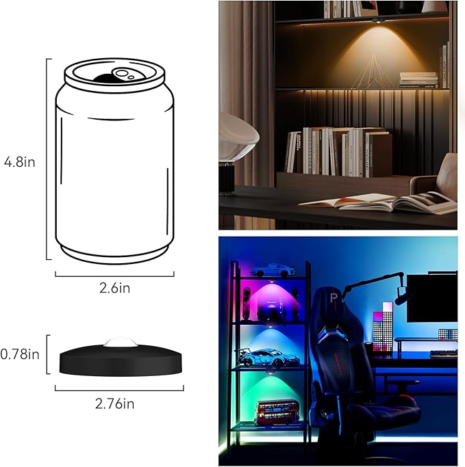 Rechargeable Puck Lights with Remote, 12 Pack Magnetic Under Cabinet Lighting, 1500mAh Battery Operated LED Tap Lights with Dimmer & Timmer for Kitchen, Closet, Shelf - 3 Color Temps & 12 RGB, Black